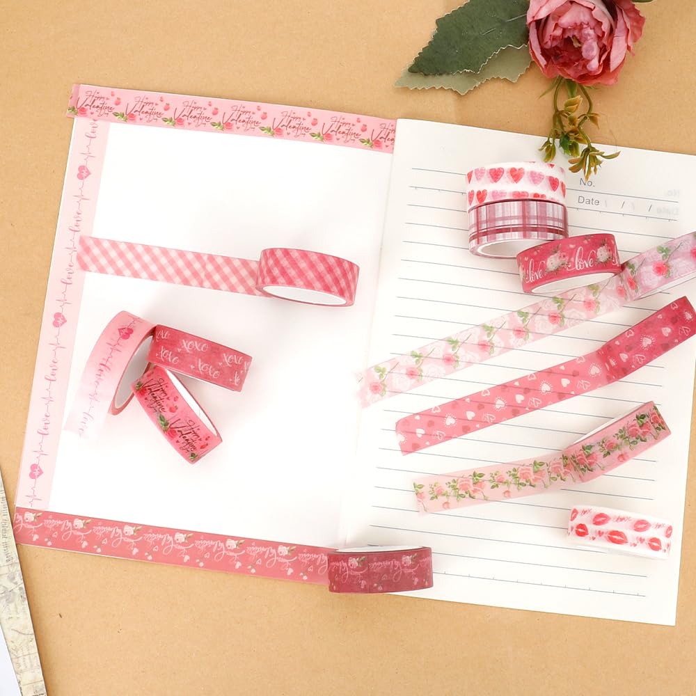 Koudindg Pink Red Washi Tape Set for Valentine's Day 12 Rolls Washi Tape for Journaling Anniversary Scrapbook Supplies Love Scrapbook Stickers Gifts for Girlfriend Stocking Stuffers for Women