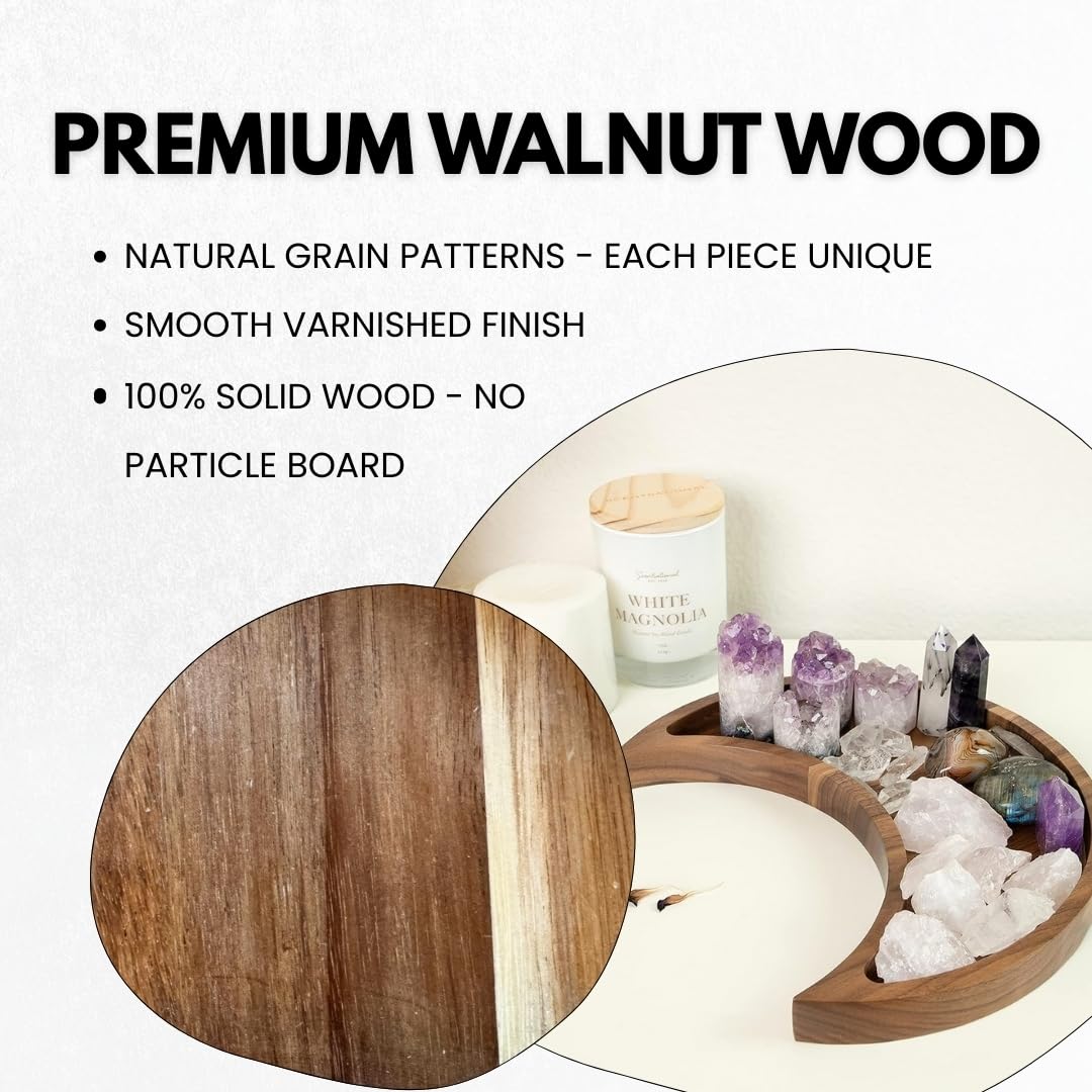 Walnut Moon Crystal Display Tray - Gothic Wooden Altar Tray 9.5" x 4.5" for Crystals and Stones Storage - Solid Wood Jewelry Organizer Dish - Spiritual Decor