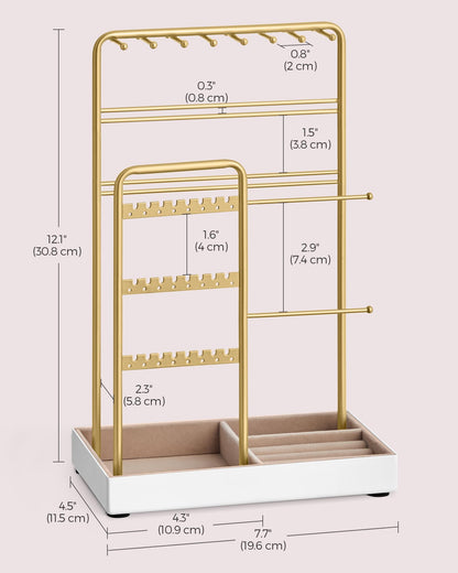 SONGMICS Jewellery Stand, Jewellery Organiser, Jewellery Display Stand with Metal Frame and Velvet Tray, Earring Bracelet Holder, Necklace Stand, for Studs, Rings, Gift Idea, Gold Colour JJS021A01