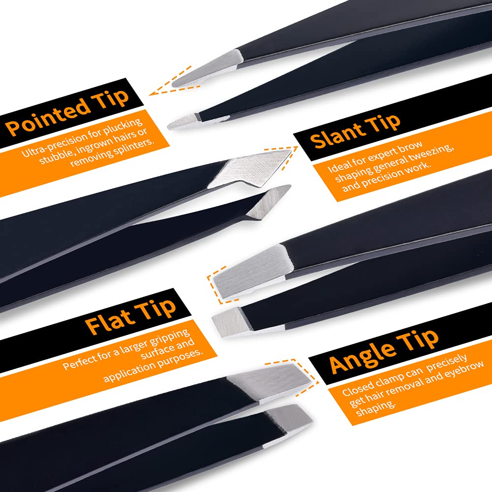 TsMADDTs 6 PCS Tweezers Set for Women, Eyebrow Tweezers with Curved Scissor for Ingrown Hair, Hair Plucking Daily Beauty Tools with Leather Travel Case