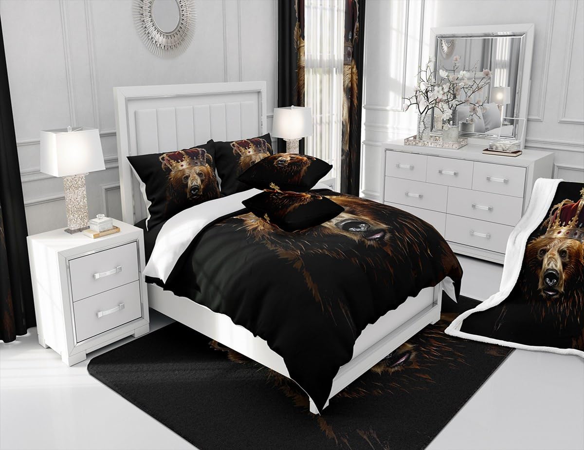 Rustic Bear Duvet Cover Set Full Size,3D Brown Fur Animal Golden Crown Comforter Cover with 2 Pillowcases,African Tropical Wildlife Black Breathable Bedspread for Boys Teens