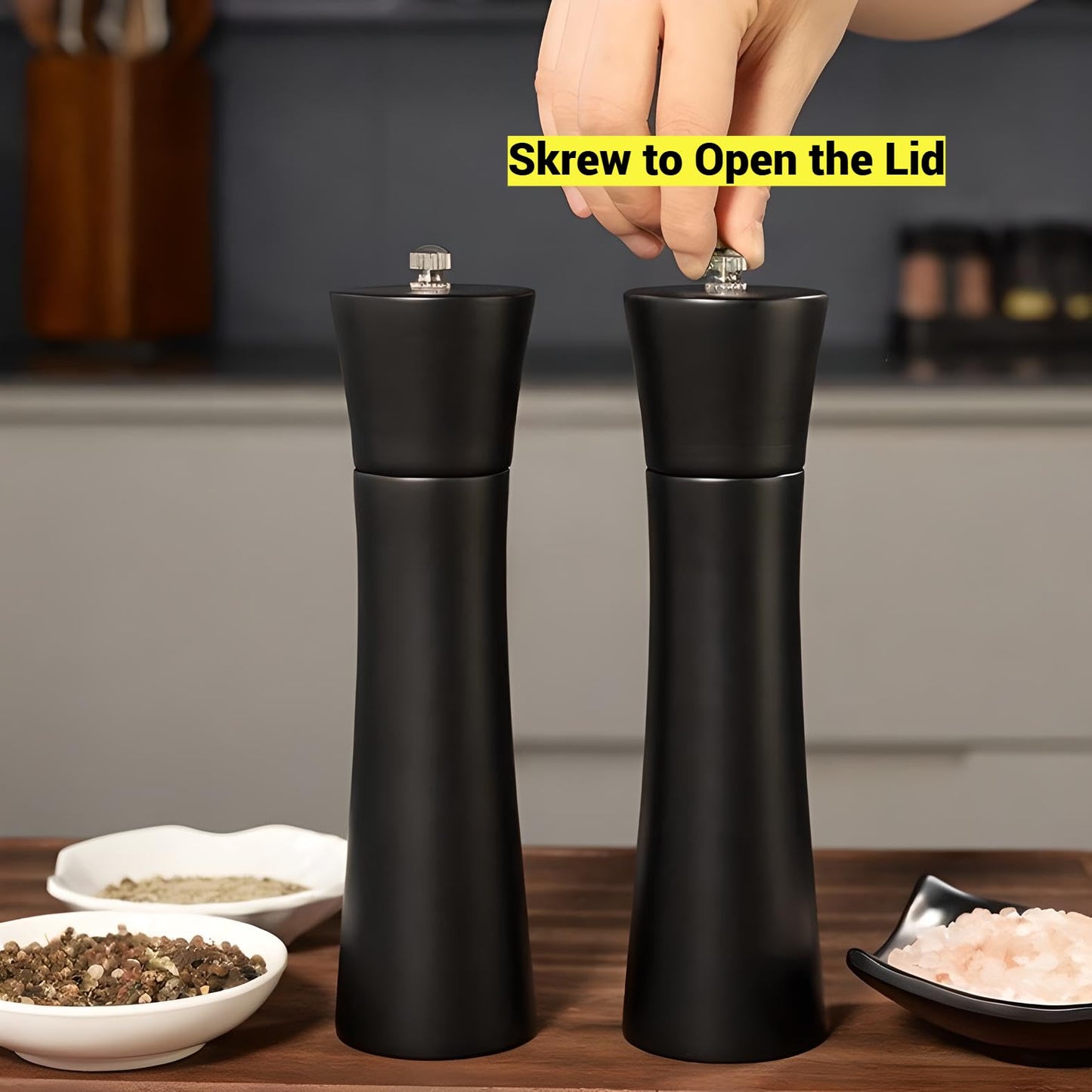 Black Salt and Pepper Mill Set with Stand, 8.5 inch, Matte Black Grinders, Adjustable Ceramic Mechanism