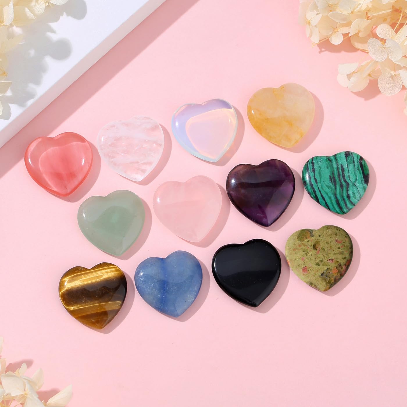 DUQGUHO 1 Inch Hearts Crystals and Healing Stones Reiki Gems Healing Crystals Amethyst Crystal Hearts Set Rose Quartz Heart Shaped Crystals Bulk Polished Gemstones Spiritual Gifts for Women 12 PCS