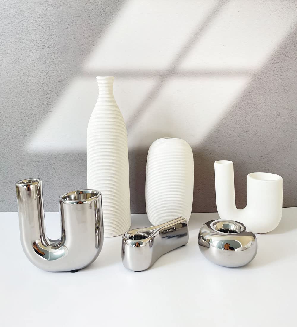 ITrixgan Silver Candlestick Holders, Decorative Taper Candle Holder Set Decor for Table Centerpiece Fireplace, Modern Silver Candle Holders Set, Aesthetic Ceramic Candle Stick Holder