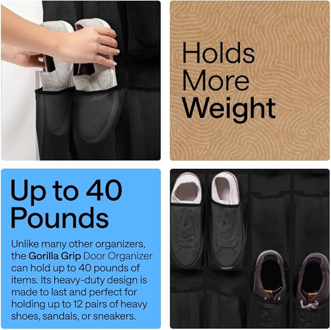 GORILLA GRIP Over the Door Shoe Organizer, 12 Large Breathable Mesh Pockets