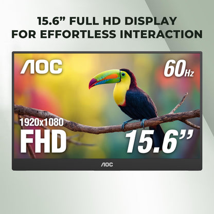 AOC 16T20 Portable Monitor 15.6 Inch FHD 1920x1080, IPS Panel Computer Display, Speakers, USB Type C x2, Mini HDMI x1, Premium Smart Cover, Gaming Console Compatible
