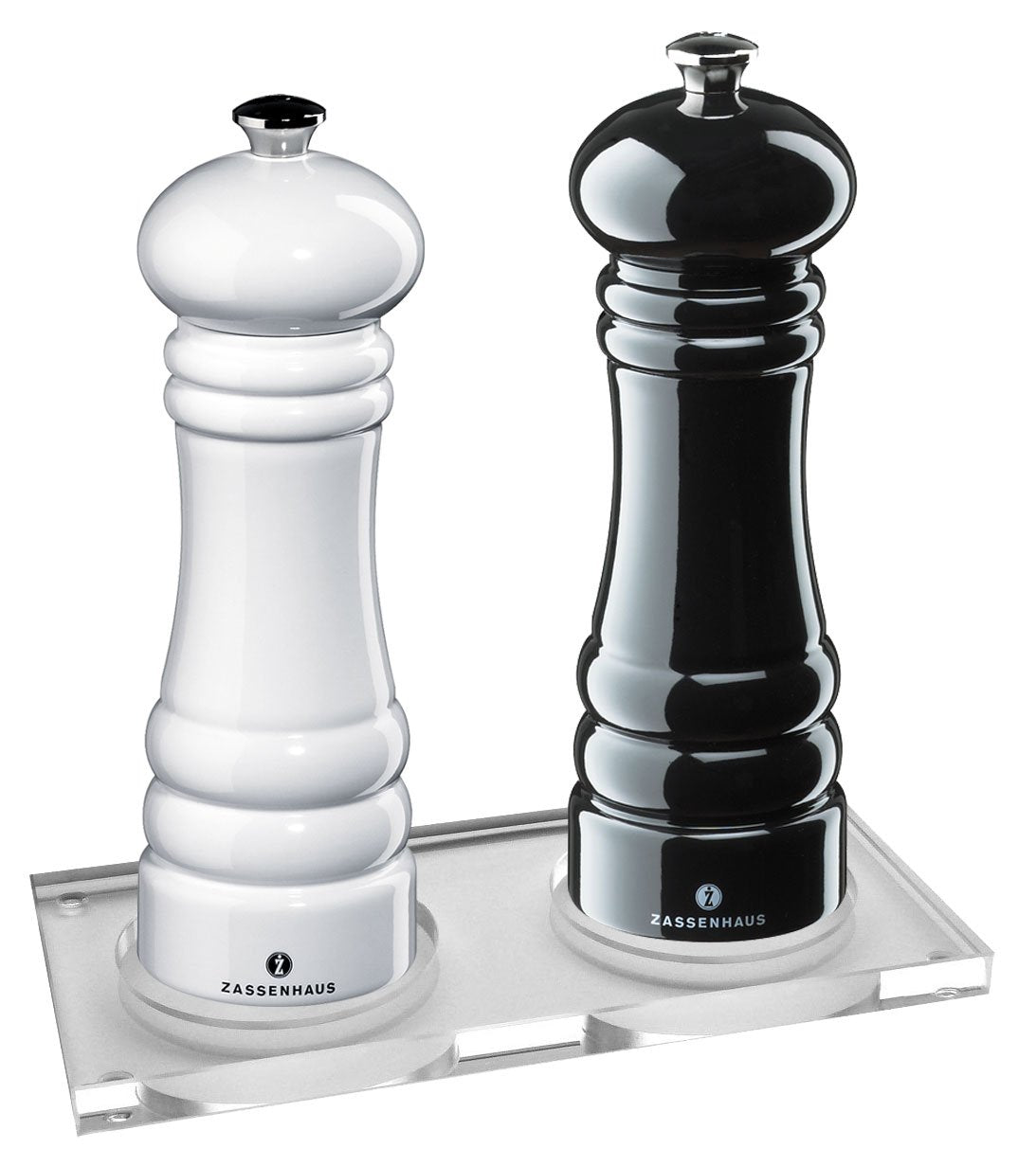 Zassenhaus Pepper & Salt Mill Set 'Berlin', Black & White, Glossy, 7", with Coaster