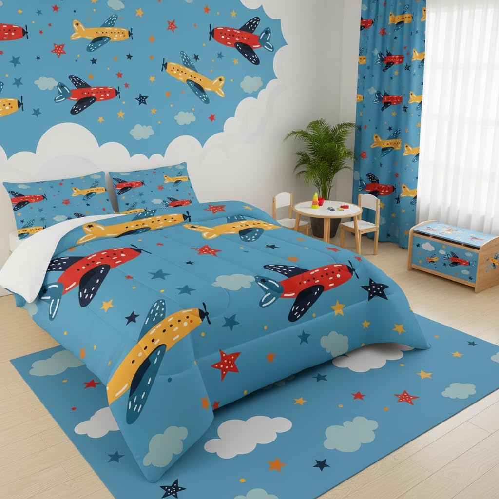 lneffble Kids Aeroplane Comforte Set Twin，Blue Airplane Bedding for Boys，Cute Star Quilt Pattern，Cute Bedroom Decor for Kids，1 Comforter 2 Pillow Cases
