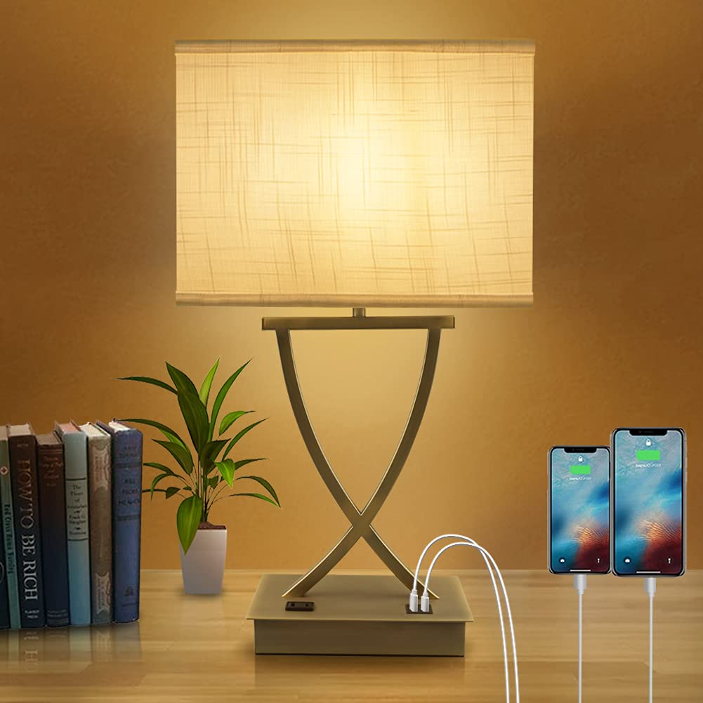 OYedis 3-Way Dimmable Touch Control Medium Table Lamp with Type C/USB Charging Port and 1 AC Outlet White Shade 21.38" Bedside Nightstand Lamp for Bedroom Living Room Office and Hotel Bulb Included