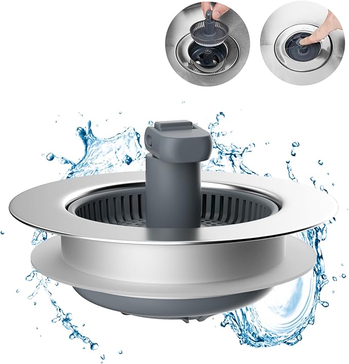 Hibbent 3 in 1 Kitchen Sink Drain Strainer and Stopper Combo, Chrome Stainless