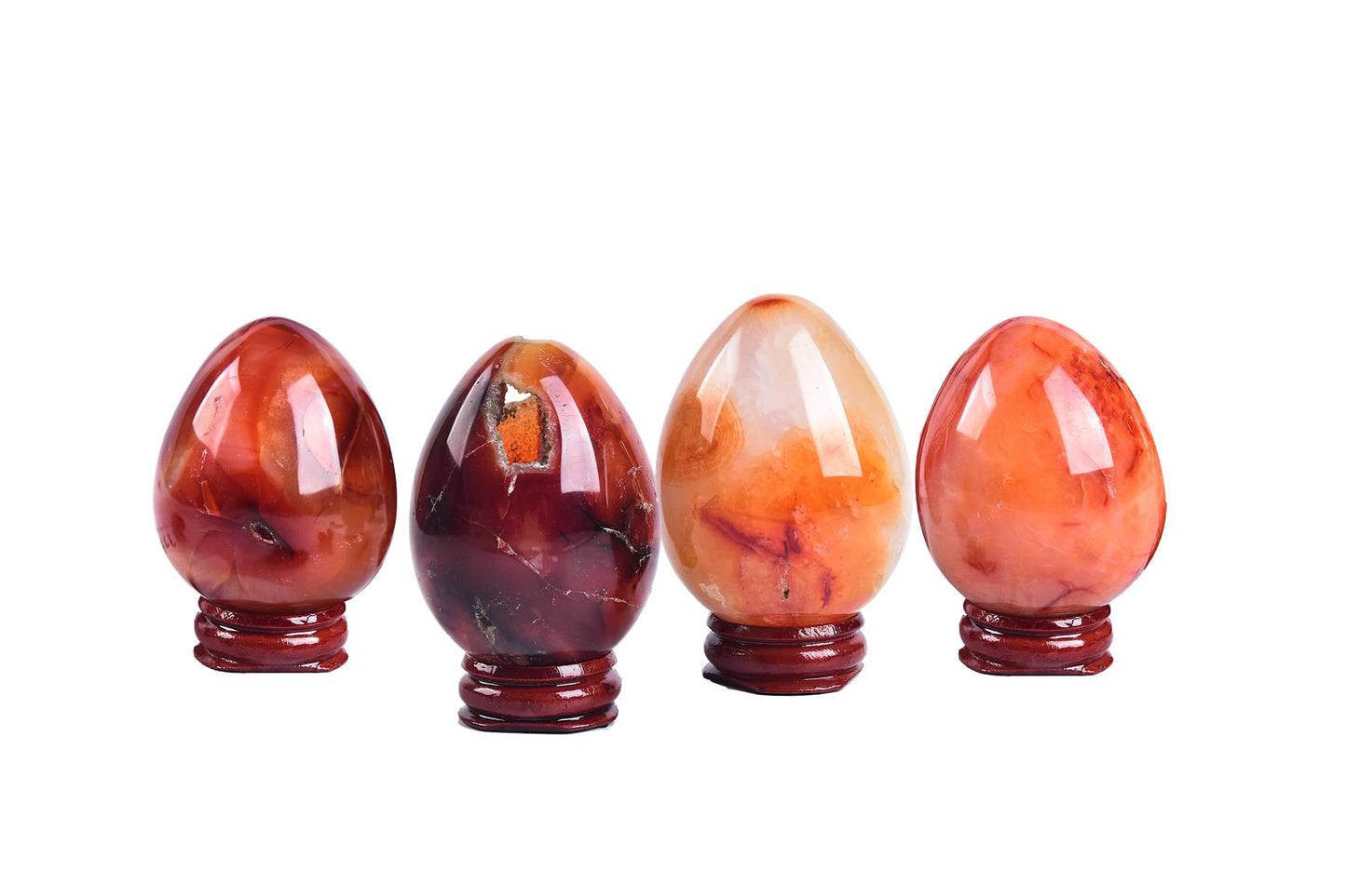 AMOYSTONE Red Agate Eggs Set of 4 (Polished Banded Agate) - Natural Gemstone Specimens with Wooden Base for Display & Collection (1.5-2 Inch, 2.8 oz)