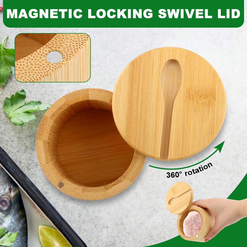 Bamboo Salt Cellar with Magnetic Swivel Lid & Spoon, 2Pcs Spice Box Bowl Storage Box Salt Container to Storage Pepper, Table Salt, Gourmet Salts, Spice, Sugar(SIZE:6 oz)