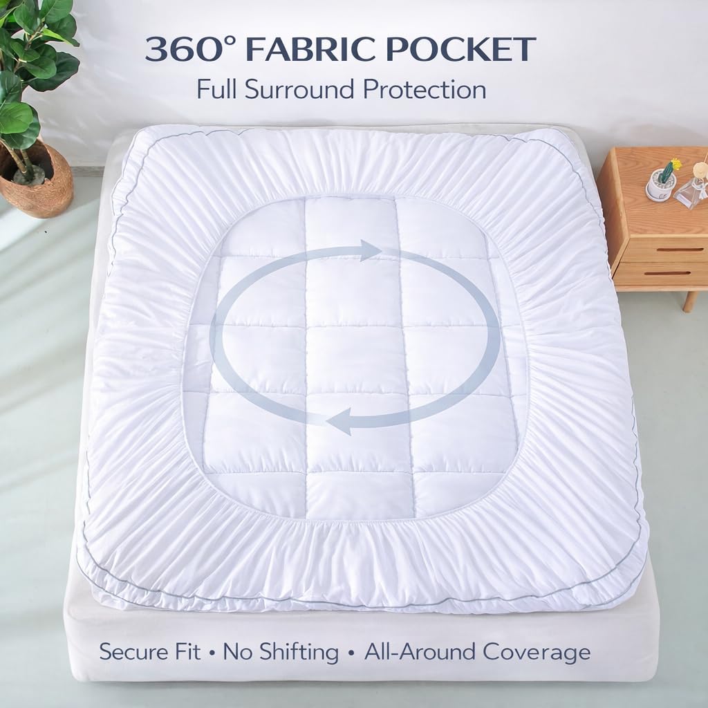 EVOLIVE Mattress Pad Cover Queen, Quilted Pillow Top Mattress Protector, Soft Microfiber Fitted Mattress Topper, Deep Pocket 8-18 Inch, Machine Washable (King 80"x78"x2" Inches, White)