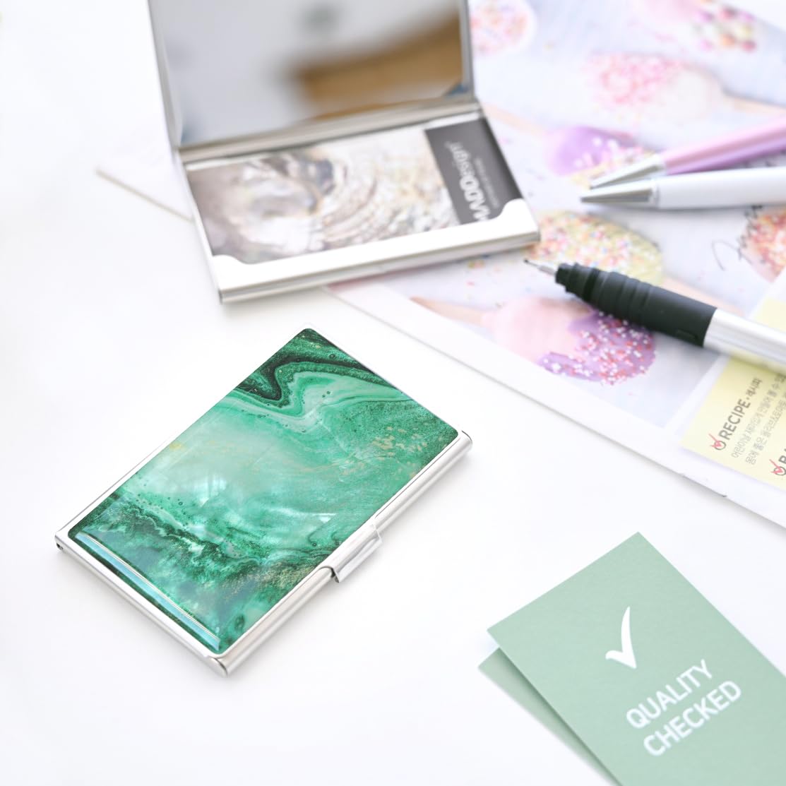 MADDesign Mother of Pearl Business Card Case Carrier Holder Wallet (Marble Green)