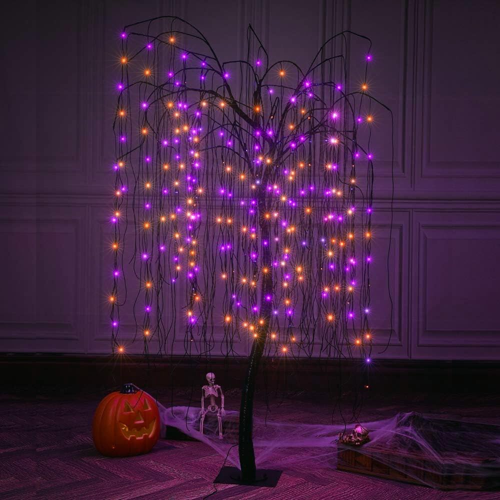 LIGHTSHARE 7 Feet Halloween Willow Tree, 256 LED Lights for Home, Festival, Nativity,Party, and Christmas Decoration,Includes Spiders and White Cobweb,Indoor Outdoor Use,Orange & Purple
