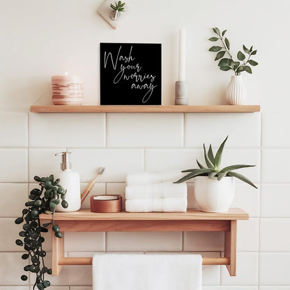 SJNH Wash Your Worries Away Sign Wood Block,Funny Black Bathroom Wooden Box Sign for Bathroom Shelf Washroom Toilet Restroom Shelves Decor 5" L x 5" W x 1.1" H
