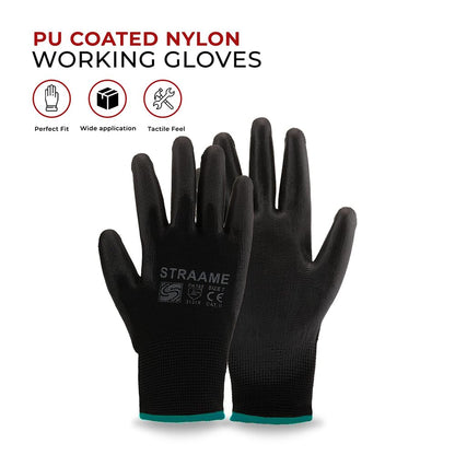 Straame Pack of 12 or 24 Black Safety Work Gloves, Outdoors PU and Nylon Non-Slip Work Handling Gloves, Good Dexterity Firm Grip Protective Working Gloves Size (Pack of 12 Pair's, M)