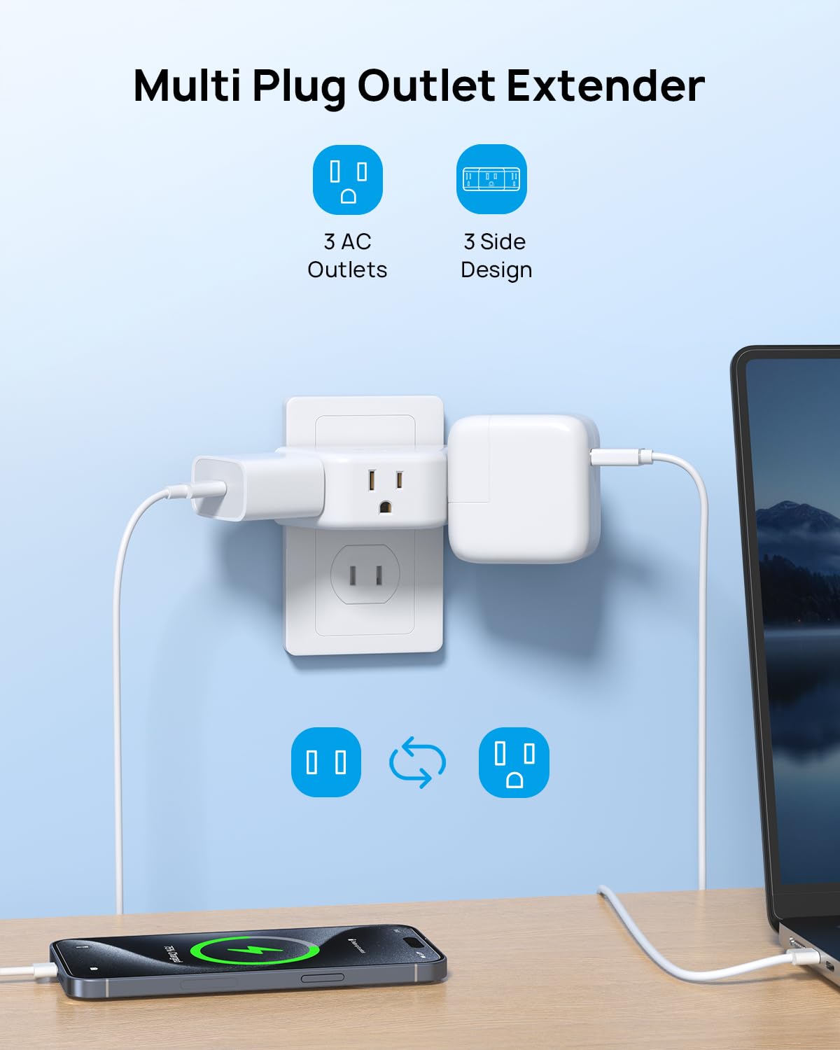TROND Multi Plug Outlet Extender 2 Pack - Electrical Wall Splitter, 3 Way Angled Wall Outlet Adapter, Cruise Essentials, Small Multiple Plug Expander for Cruise Ship Home Office Dorm Room, White