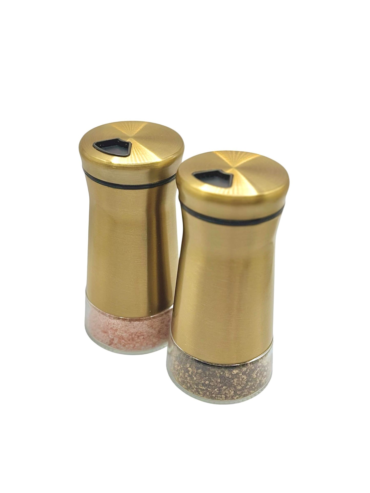 Elegant Gold Salt and Pepper Shaker Set Adjustable Pour Holes Stainless Steel and Glass Modern Design Adjustable Top Makes it the ideal Spice and Seasoning Dispenser Kitchen Sugar and Cinnamon Shakers