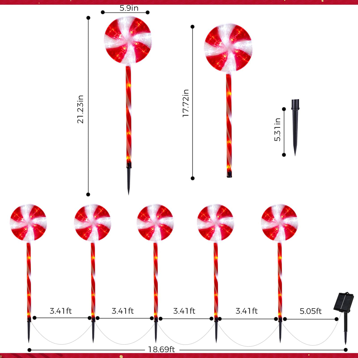 Outdoor Christmas Decorations Solar Pathway Lights, Set of 10 Lollipops Peppermint Stake Lights, 8 Modes Candy Cane Walkside Lights, Outdoor Xmas Decoration for Walkway,Yard (10PCS-Red)
