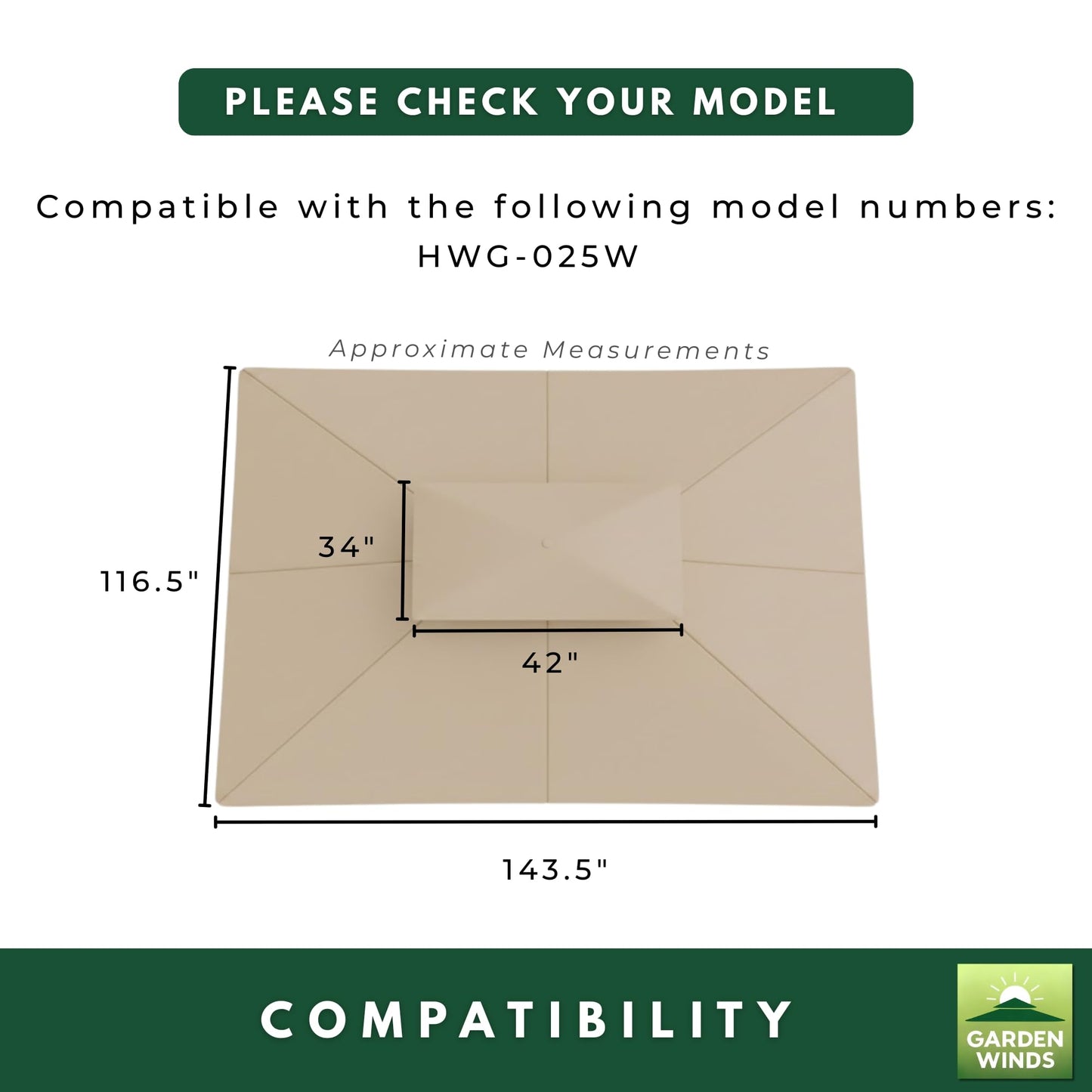Garden Winds Reinforced RipLock 350 Replacement Canopy Top Cover Compatible with Erommy 10' x 12' Square Gazebo Model HWG-025W - Beige