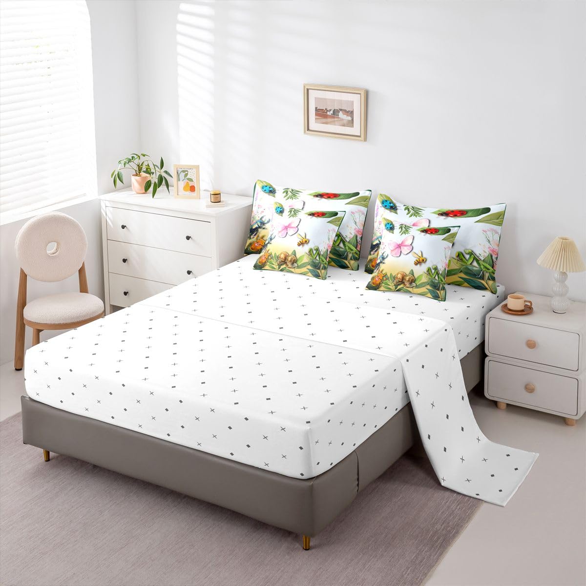 Erosebridal Butterfly 7 Piece Bedding Set Queen Ladybug Comforter Set with Sheets Bee Longhorn Beetle Snail Mantis Print Bed in a Bag Insect Theme Flowers Leaves for Kids Boys Girls