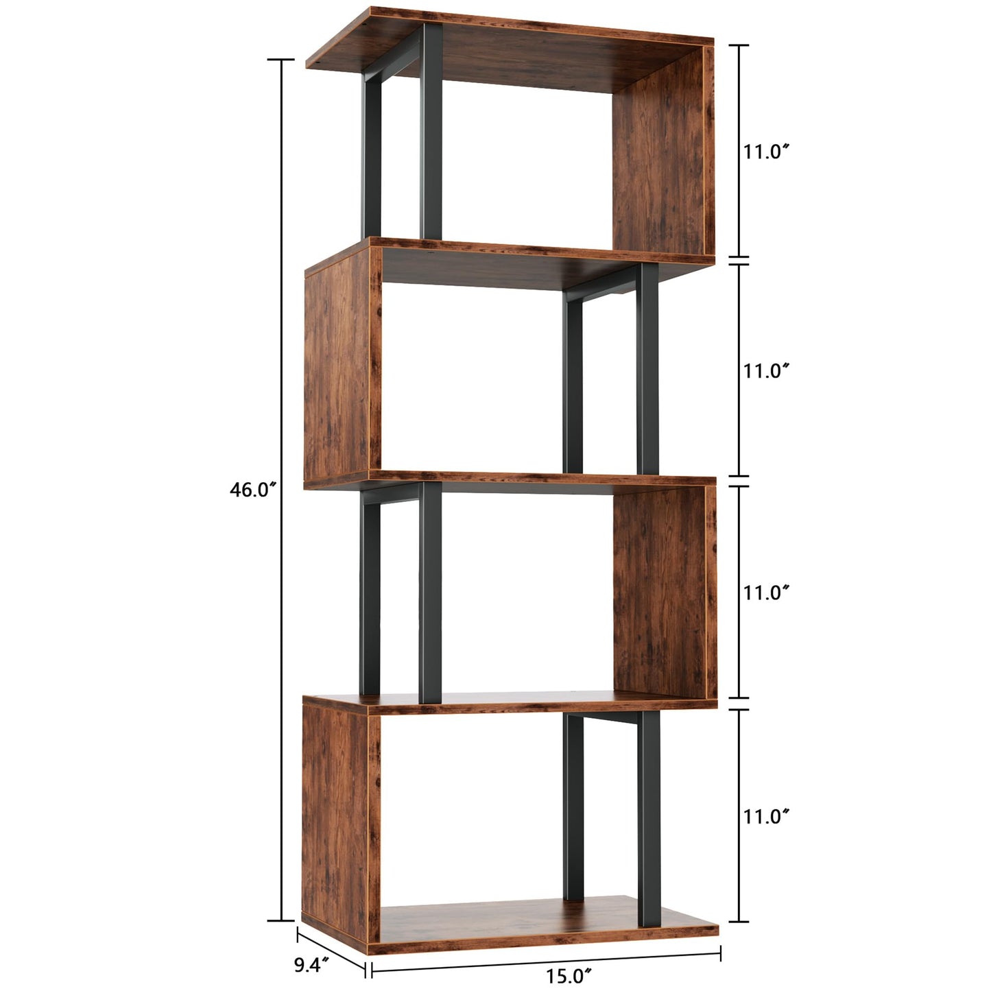Furologee 5 Tier Bookshelf, S Shaped Geometric Bookcase, Narrow Freestanding Display Shelves, Modern Wood Decorative Storage Rack for Bedroom, Living Room, Home Office, Rustic Brown