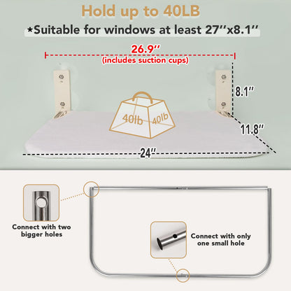 PEFUNY Cordless Folding Cat Window Perch, Cat Hammock for Window and Wall, with 4 Suction Cups, Sturdy Setal Frame for Glass Windows and Interior Walls (White Large)