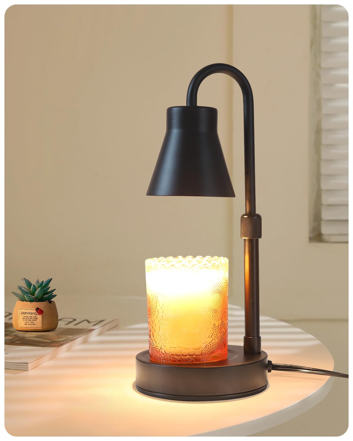 Elenhome Candle Warmer Lamp with Adjustable Height, Stepless Dimming Function-Home Decor Lamp, Metal Candle Lamp for Jar Candles, No Flame Scented Candle Warmer with 2 Bulbs (Black)