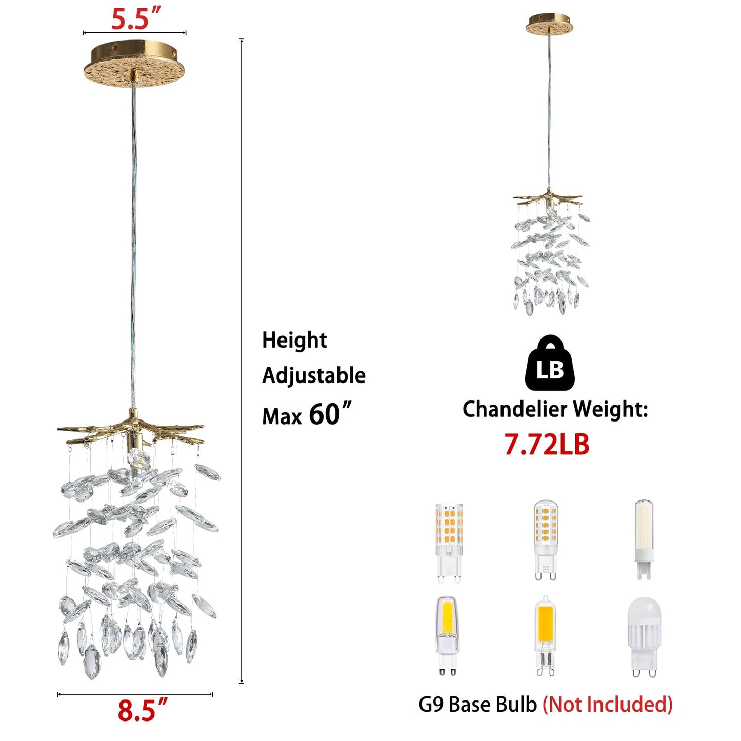 YUYI 8.3" Crystal Pendant Light for Kitchen Island, Modern Gold Tree Branch Chandeliers, Luxury Round Raindrop Chandelier Pendant Lights Fixture for Dining Room, Living Room, Bedroom, Foyer, Entryway