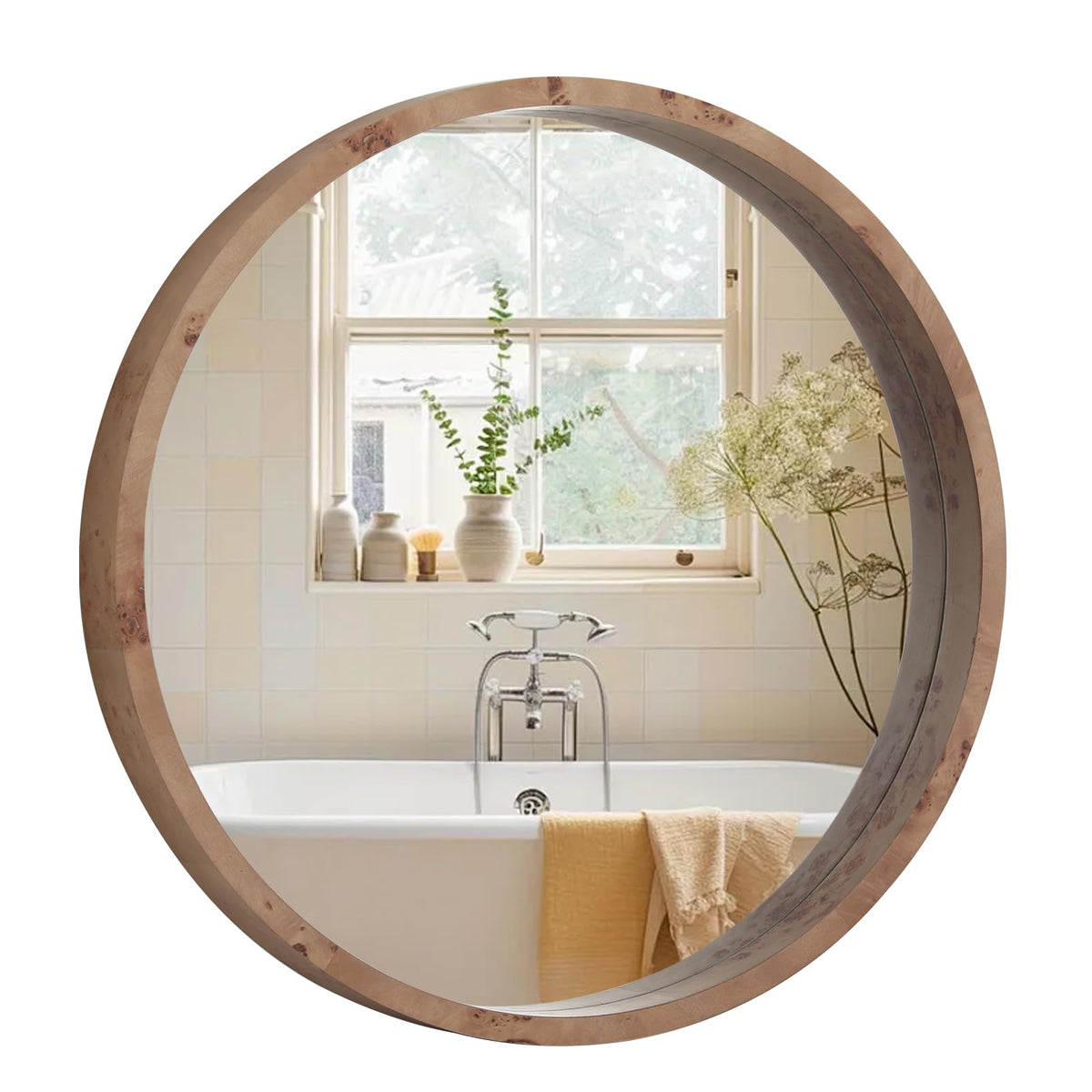 WallBeyond 24 Inch Round Wood Mirror, Farmhouse Circle Wooden Frame Wall Mounted Mirror for Bathroom Vanity, Living Room, Bedroom, Entryway, Natural