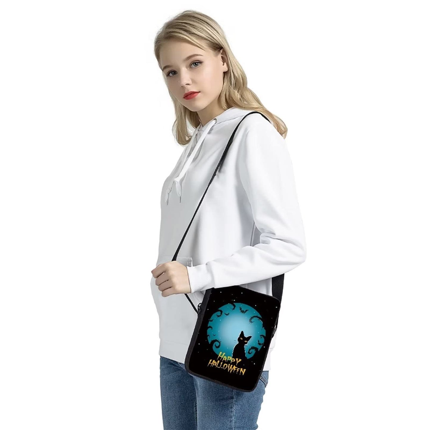 COEQINE Happy Halloween Cat Print Crossbody Messenger Bags for Women Girls,Casual Backpack Cellphone Purse Pouch Mini Shoulder Bag with Adjustabe Shoulder Strap