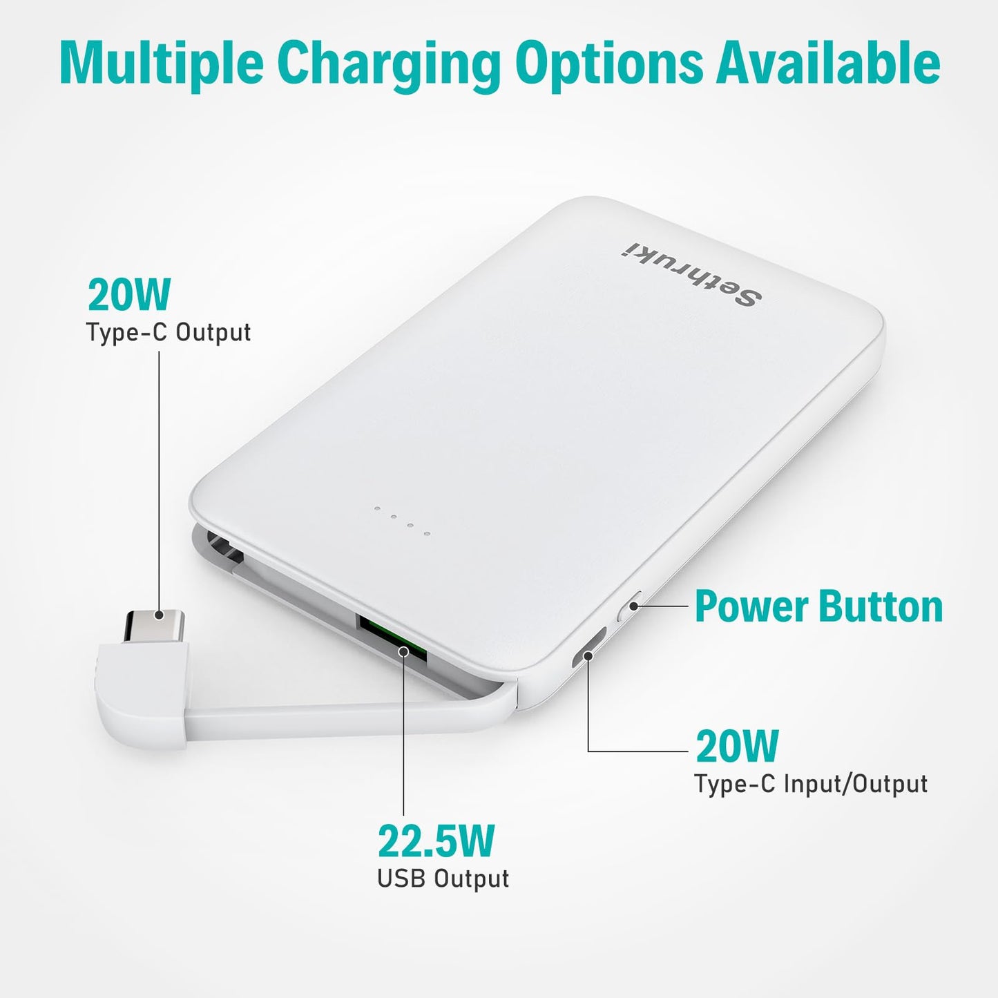 Slim Portable Charger with Built in USB C Cable,20W Fast Charging Power Bank,Small Mini Lightweight Phone Battery Pack 6000mAh,Ultra Thin Travel Essentials for iPhone 17 16 15 Series,Samsung,Android