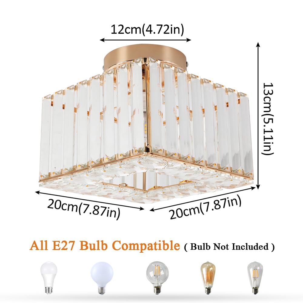 Kadomm Modern Crystal Ceiling Light Fixture, Semi Flush Mount Lighting Glod Finish LED with E26/27 Base for Bedroom, Entryway, Foyer, Hallway, Dining Room