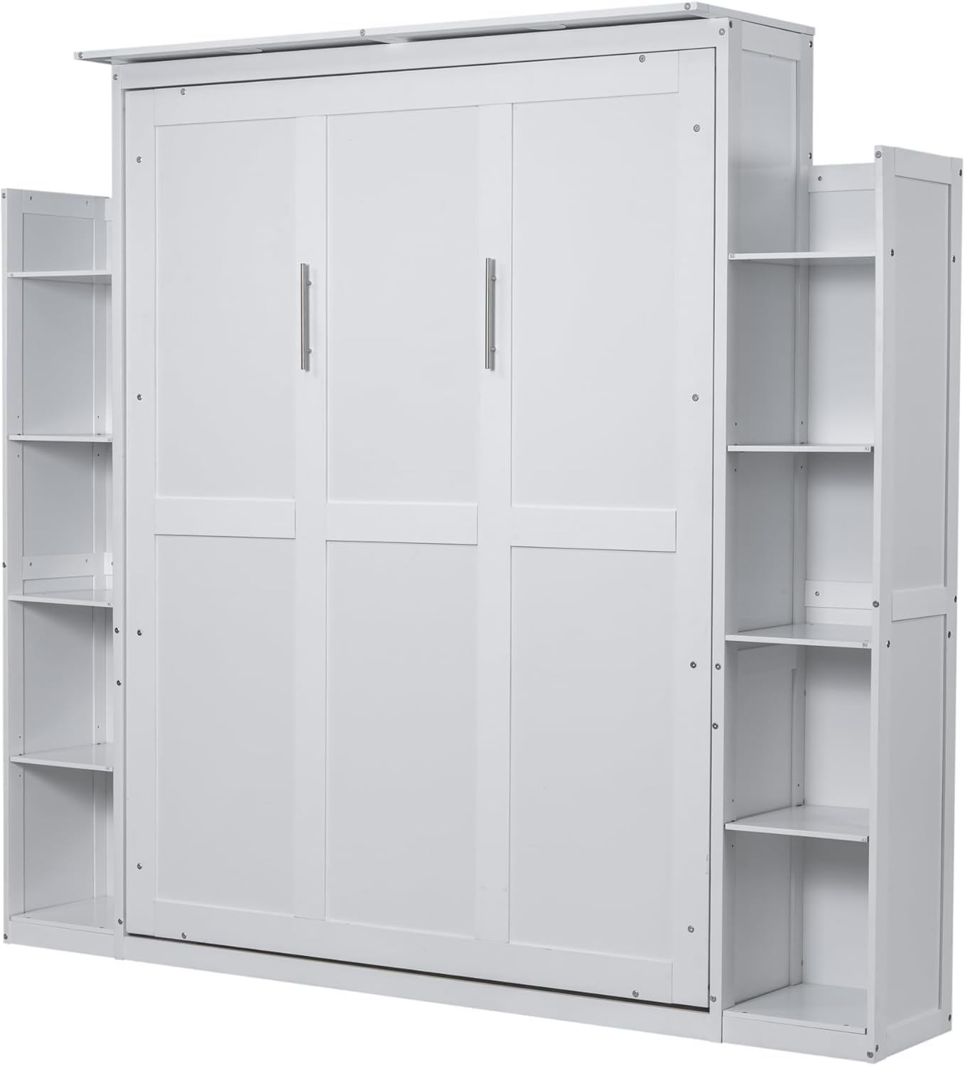 MERITLINE Queen Murphy Bed with Storage Shelves and LED Lights, Wood White Murphy Wall Bed Cabinet with Bookcase Bookshelf for Adults