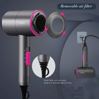 HappyGoo Hair Dryer Professional Ionic Hairdryer with 2 Speed 3 Heat Setting, Cool Shot Button, 1 Diffuser & 2 Concentrator, Hairdryers for Women & Man - Light Gray