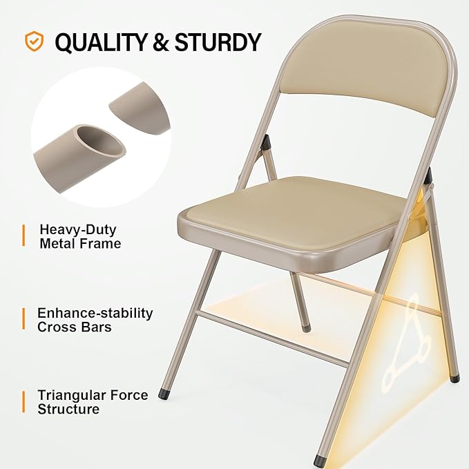 VINGLI 20 Pack Folding Chairs with Padded Seats, Metal Frame with Pu Leather Seat & Back, Capacity 350 lbs, Set of 20, Khaki