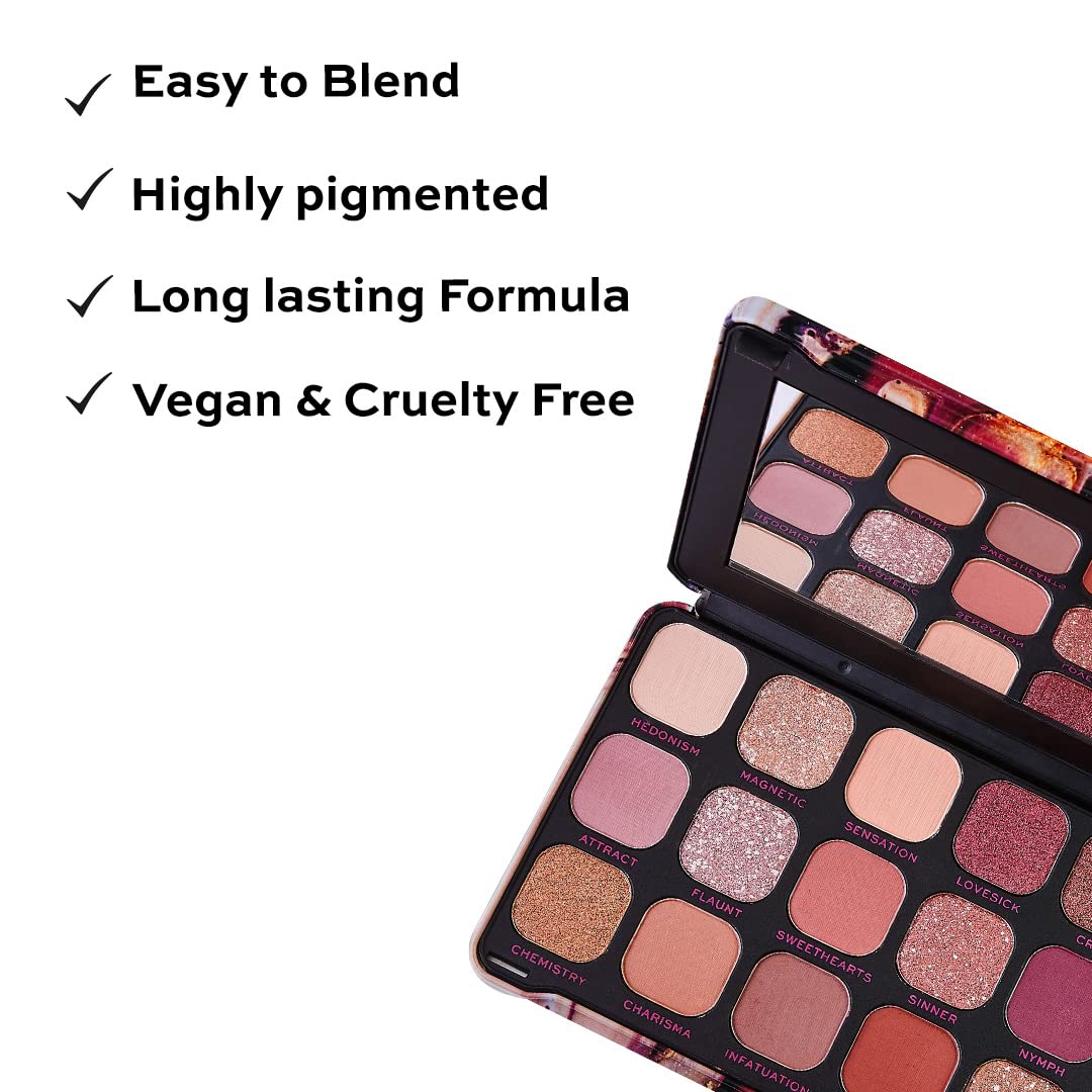 Revolution Beauty, Forever Flawless Eyeshadow Palette, 18 Pigmented Shades, Nude & Warm Pressed Powder Mattes, Shimmers, Glitters, Allure, 15 X 0.04 Oz.
