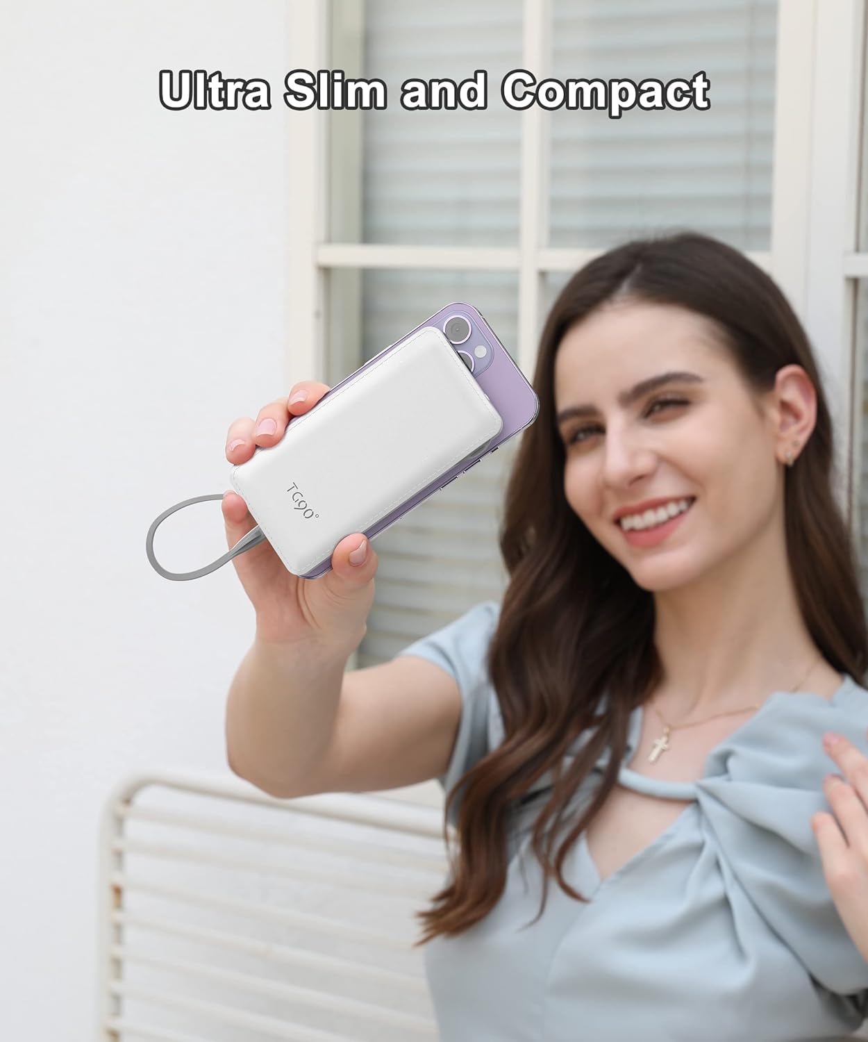 TG90° Portable Charger 10000mah Cell Phone Battery Backup, Ultra Slim Power Bank with Built in Lightning and USB-C Cable, Portable Phone Charger Battery Packs Compatible with iPhone Android Phones