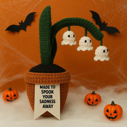 Acecare Halloween Crochet Ghost Lily of The Valley in Pot | Handmade Amigurumi Creepy Plant Decoration | Spooky Table Ornament, Trick or Treat Gift with Pumpkin Commemorative Coin