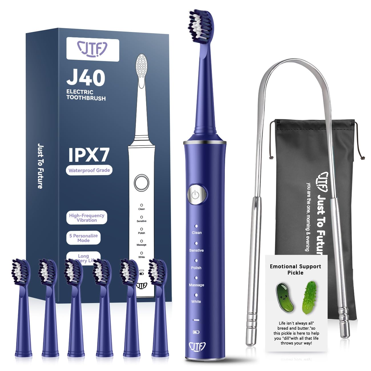 JTF Sonic Electric Toothbrush for Adults: 6 Brush Heads, Travel Bag, Tongue Scraper, 5 Brushing Modes for Teeth, Smart Timer and IPX7 Waterproof, Rechargeable Toothbrush for Deep Cleaning & Whitening