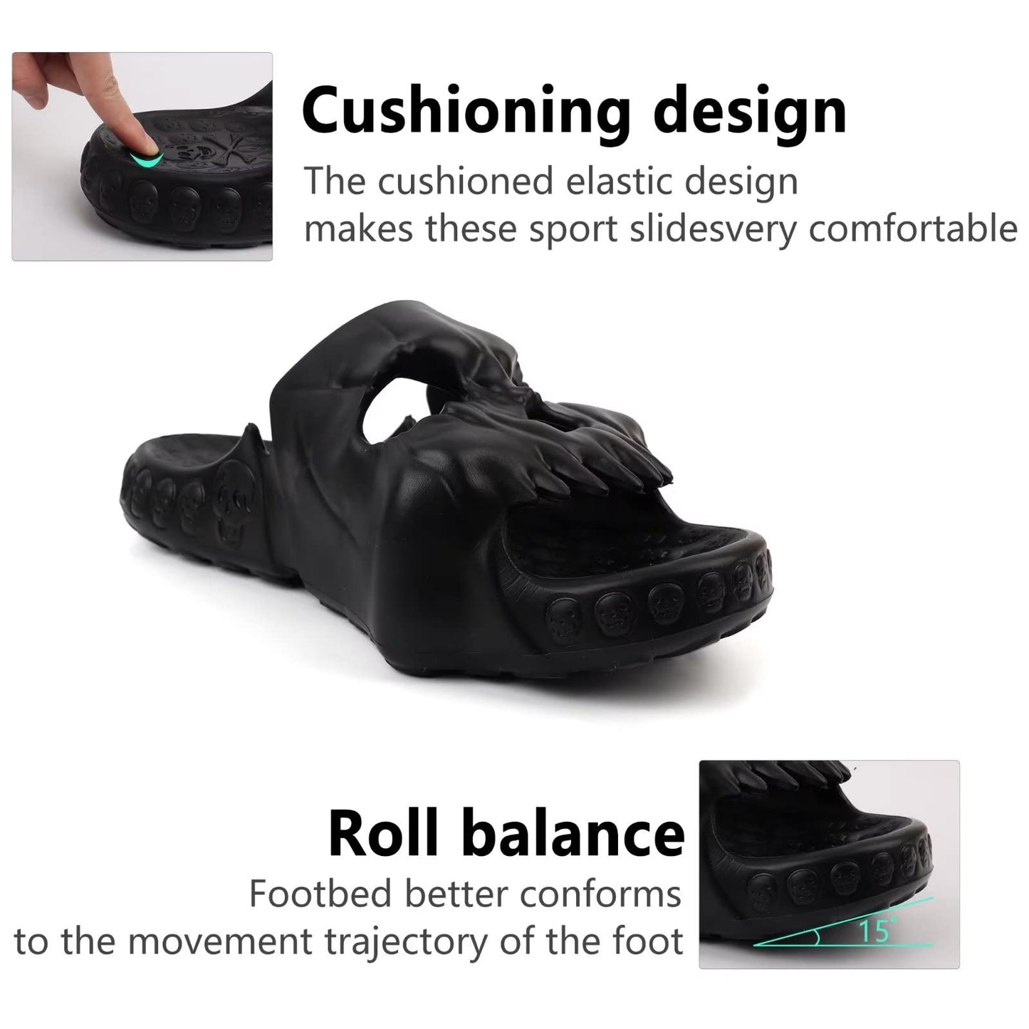 Skull Slides Sandals for Men Women,Non Slip Sport Sandals Cloud Cloudies Slides Slippers,Open Toe Slip on Comfy Beach Halloween Slides Shower House Home Indoor Outdoor Thick Soft Shoes Black Size