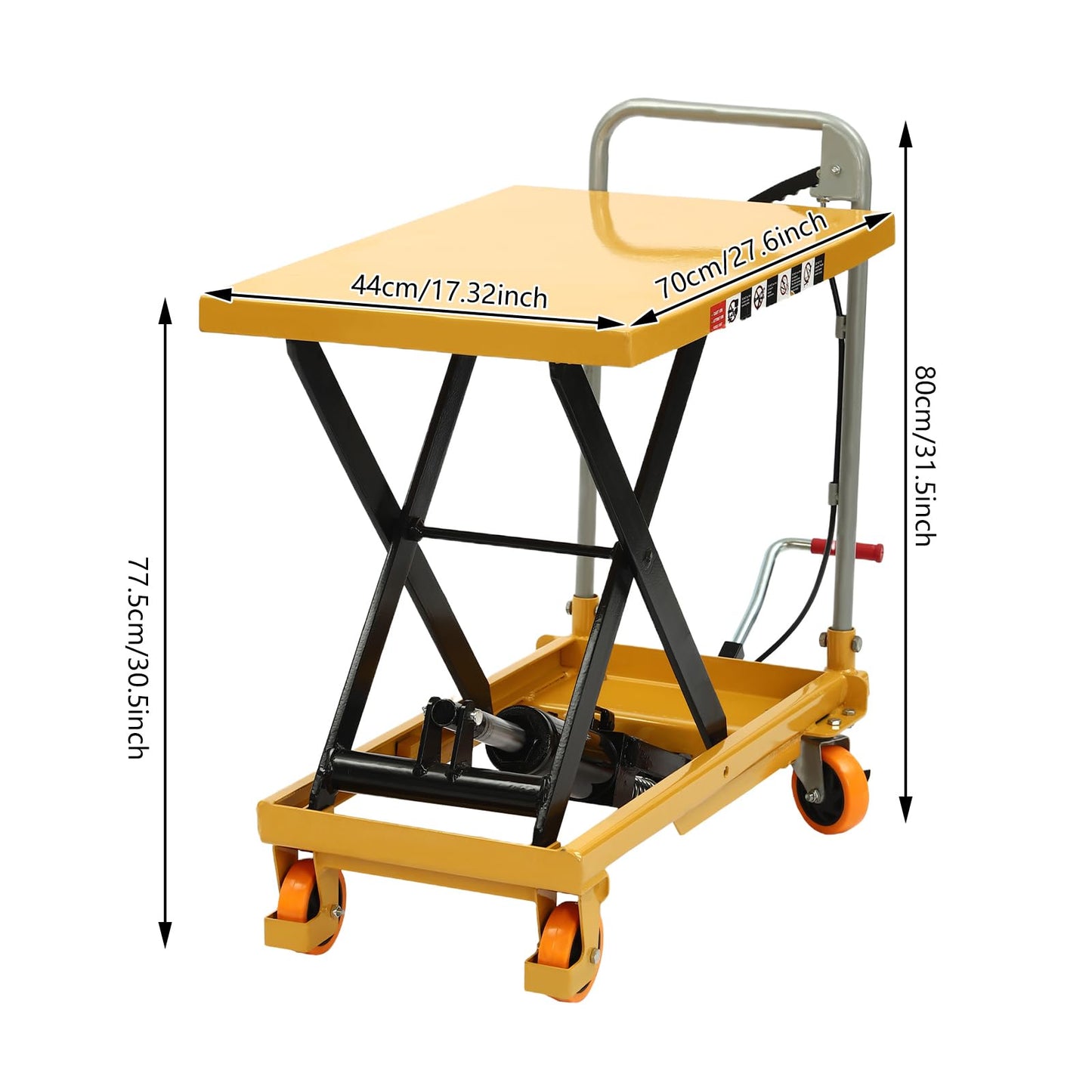 Hydraulic Lift Table Cart 500 lbs Load Capacity Manual Hydraulic Single Scissor Cart with Wide Deck, 4 Locking Wheels for Material Handling & Transportation (Yellow)