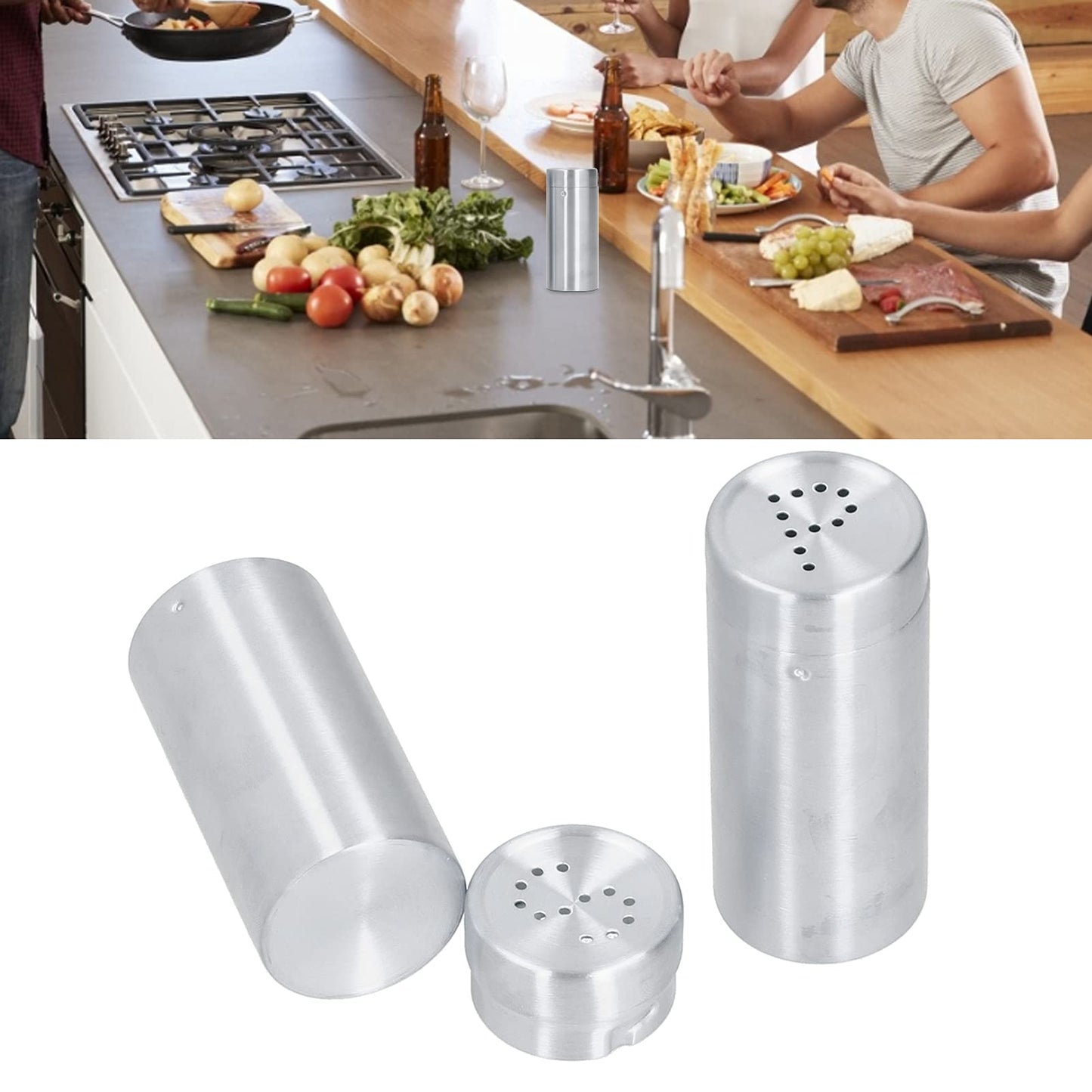 2Pcs Stainless Steel Spices Shakers, Salt and Pepper Shakers Set Seasoning Bottle Spices Jars Dispenser with Shaker Lids Silver