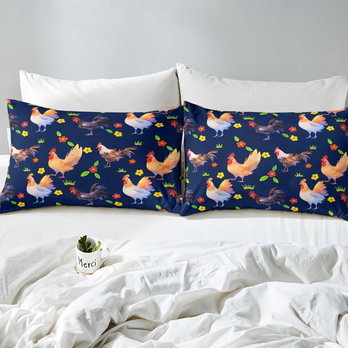 Erosebridal Rooster Sheet Set for Kids Boys Girls Child,Colorful Chicken Bed Sheets Full Size,Cartoon Botanical Flowers Bedding Set,Farmhouse Animal Fitted Sheet + Top Sheet + 2 Pillowcases