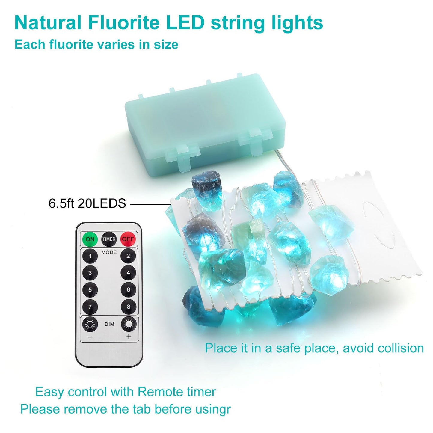 Natural Fluorite String Lights Raw Crystal Decorative Lights Healing Cluster Lit 20 LEDs 6.5ft with Remote Control, Hanging Ornaments Decor Battery Operated for Reiki, Wedding, Divination, Display