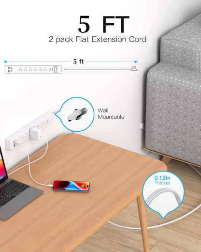 2 Pack Power Strip, 12FT Long Extension Cord, Surge Protector with 6 Outlets and 4 USB Ports (2 USB C), Flat Plug Overload Protection, Extension Cord 10+ ft, Wall Mount for Home Office Dorm College