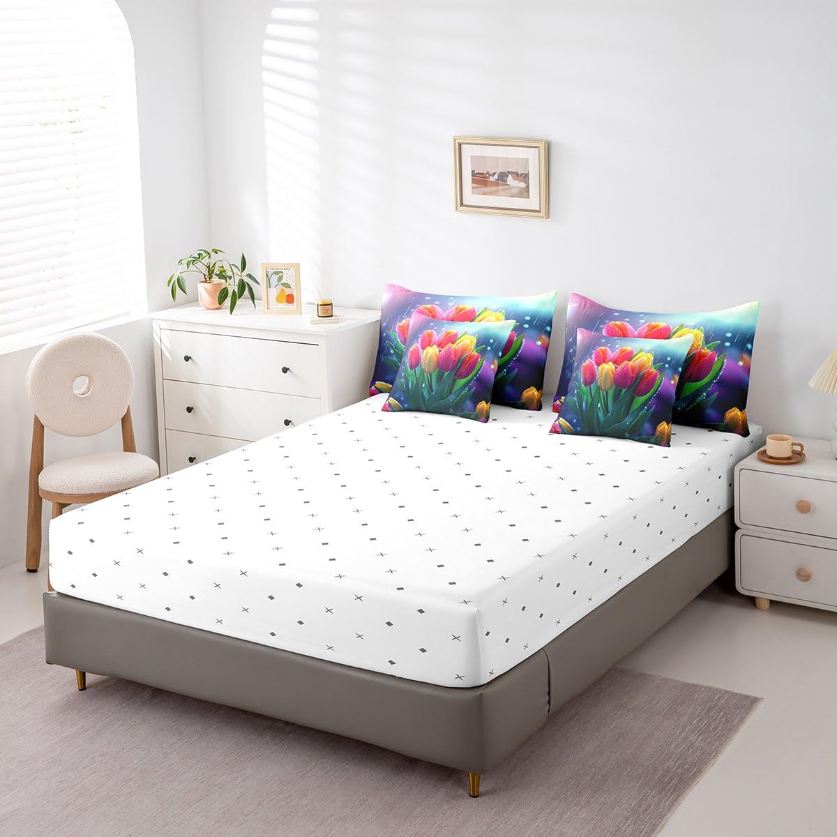 Erosebridal Tulips Bedding Set Spring Summer Flowers Twin Comforter Set 7 Piece for Kids Girls Teen Women,Rainy Floral Pink Yellow Tulips Bed in A Bag Pastel Plants Sheet Set with Comforter