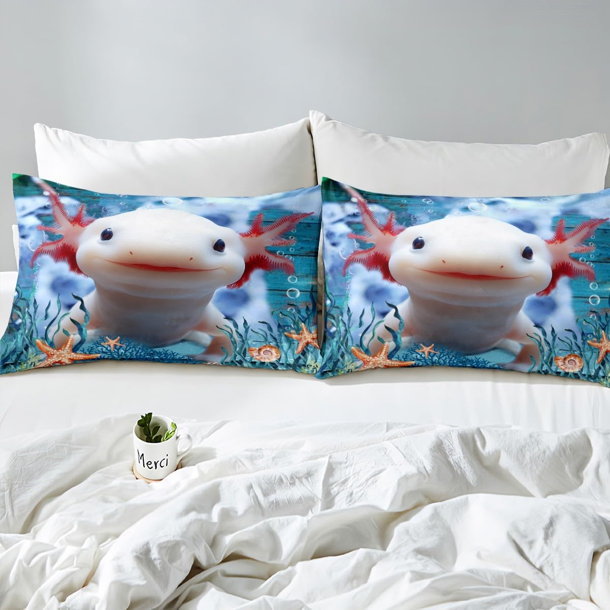 Cute Axolotl Fitted Sheet Set Full Size 4 Pcs,Seaweed Coral Conch Bedding Set(1 Fitted,1 Flat,2 Pillows),Sea Creatures Theme Luxury Deep Pocket Bed Sheets for Girls Teens Room
