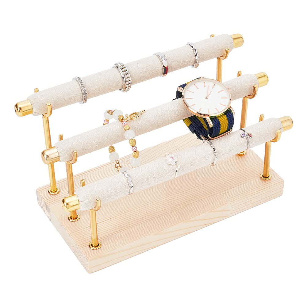 NBEADS 3-Tier Ring Display Stands, Wood Detachable Ring Organizer, Wooden Ring Holder with Golden End Jewelry Storage Organizer Tower Ring Display Jewelry Shelf (RDIS-WH0009-009-US6)